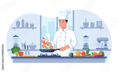 Chef's Culinary Creation: A skilled chef meticulously prepares a delectable dish in a modern kitchen, showcasing the art of cooking with fresh, vibrant ingredients.