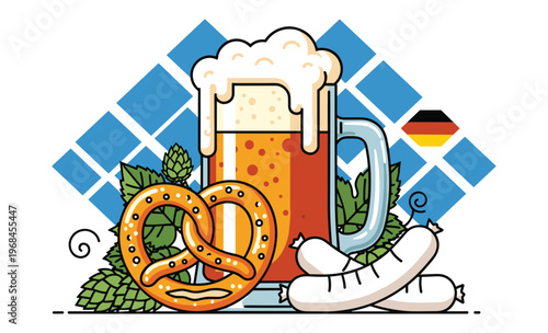 Festive Beer and Bites: A vibrant illustration showcasing a hearty beer stein overflowing with frothy ale, accompanied by a soft pretzel and savory sausages, perfect for a celebration.