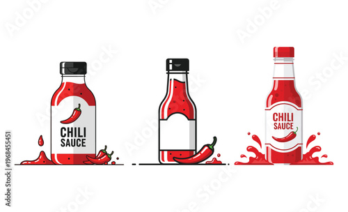 Fiery Chili Trio: A vibrant illustration showcasing three distinct chili sauce bottles, each exuding a bold and spicy essence.