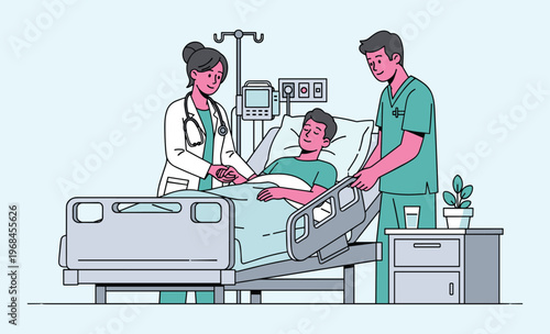 Hospital Care and Compassion: A doctor and nurse provide gentle care to a patient resting in a hospital bed, a scene embodying medical support and human connection in healthcare.