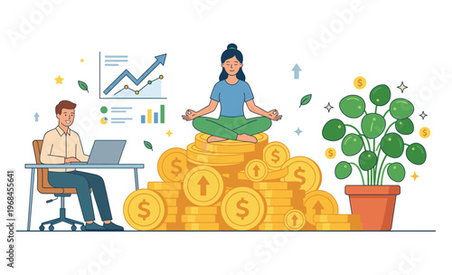 Financial Serenity in Progress: A scene of financial harmony unfolds, a woman practices meditation while sitting on a pile of money, a man working in the office, and a plant next to the woman.