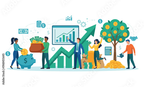 Investing in Progress: A vibrant illustration depicts a group of individuals collaboratively working towards financial growth, symbolized by a rising arrow and money tree.