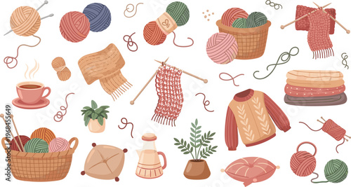 Cozy knitting and crochet vector set featuring yarn balls handmade sweater scarf basket tools warm craft hobby elements illustration