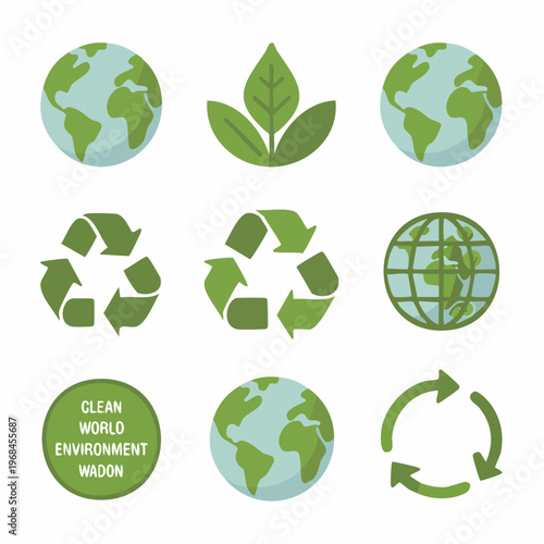 The earth with leaves and recycling symbols represents a clean world environment campaign for a sustainable future on planet earth with green icons.