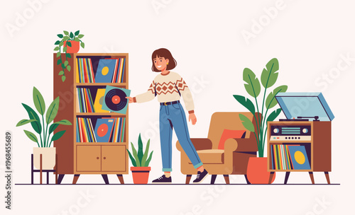 Vintage Tunes and Cozy Ambiance: A person immersed in the nostalgic charm of classic music in a warmly decorated living space. Surrounded by vinyl records, lush plants, and vintage furniture.