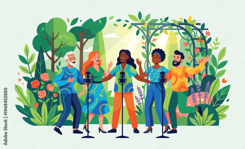 Fototapeta premium Harmony in the Garden: A diverse group of singers raises their voices in unison amidst a vibrant garden setting, symbolizing unity, passion, and the power of collective expression.