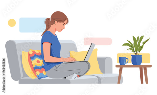 Home Workspace Harmony: A woman immersed in work, laptop in lap, creating a relaxed yet productive home office scene. Emphasizing work-life balance and remote work efficiency.