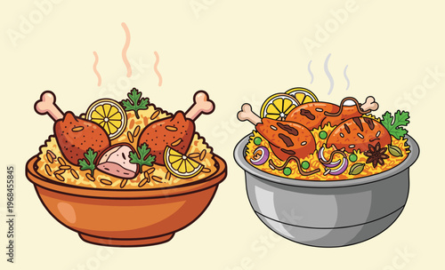 Delectable Biryani: A vibrant illustration showcasing two appetizing bowls of biryani, each brimming with fragrant rice, succulent chicken pieces, and garnished with fresh lemon, peas.