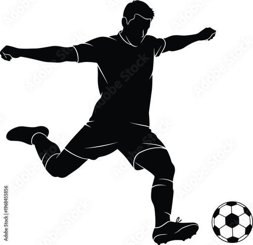 Soccer player silhouette kicking ball in action pose, dynamic football sports illustration isolated on white background, athlete movement concept for game and fitness design