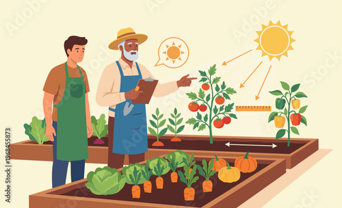 Gardening Mentorship: A seasoned gardener imparts wisdom to a younger apprentice amidst a thriving vegetable garden under the warm embrace of the sun.