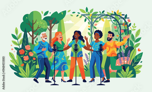Harmony in the Garden: A diverse group of singers raises their voices in unison amidst a vibrant garden setting, symbolizing unity, passion, and the power of collective expression.