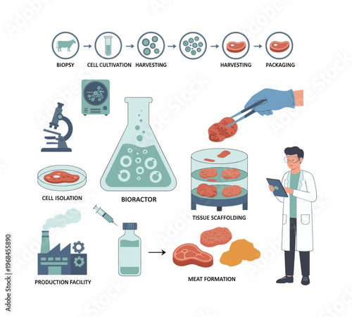 Diagram illustrating the in vitro meat production process, from cell biopsy and cultivation to harvesting, formation, and packaging