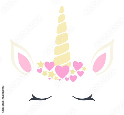 Cute unicorn face in hearts, stars crown illustration isolated. Cartoon character. Fairy tale, legend, mythology, fantastical creature. Kid, girl pastel design, clipart element. Hand drawn flat vector