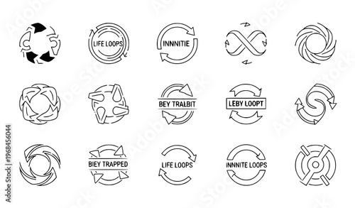 A collection of 12 black and white vector illustrations featuring various loop and infinity symbols with different designs and text for graphic design and branding purposes