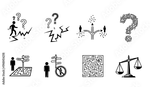 A set of vector graphic icons depicting business and decision making concepts in a minimalist flat design style on a white background