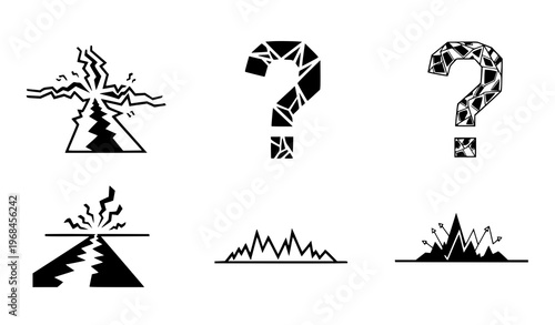 A set of six black vector graphic icons depicting various designs including a volcano eruption and question marks on a white background