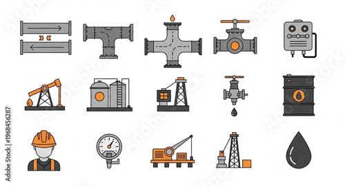 Oil and Gas Industry Icons Set - Pipelines, Equipment, and Personnel.