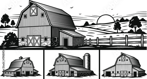 Vintage barn illustration with rural countryside landscape, sunset scene, wooden farm buildings, fence and trees, traditional agriculture concept in black and white line art style