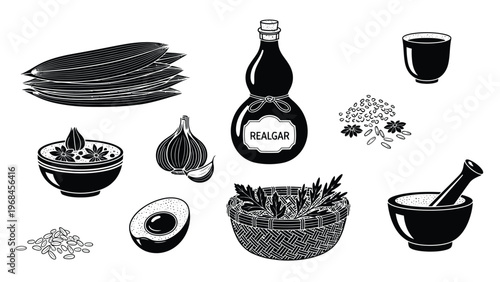 Collection of chinese medicine ingredients including garlic herbs spices mortar pestle and bottle of realgar.