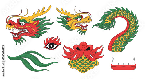 Collection of decorative elements featuring dragon heads dragon body parts and traditional chinese eye symbol.