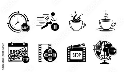 A set of eight black and white vector icons depicting various stop and pause concepts in a flat minimal design style on a white background