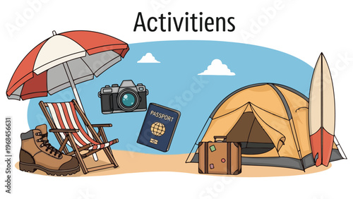 Colorful illustrated cartoon depicting various vacation activity icons