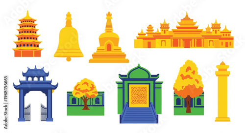 Vibrant collection of colorful asian architecture including pagodas temples ornate gates and stupas.