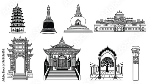 Collection of traditional asian architecture and buildings including pagodas stupas temples and ancient gateways.