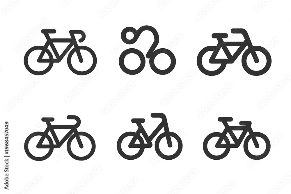 Obraz premium Geometric Bicycle Icons. Traffic Rule Infographic. Set Logo of Bicycle Icon: Minimal outline, Abstract geometric, Negative space, Flat solid, Symmetrical form,