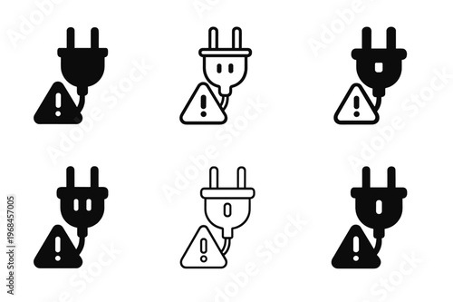 Extension Cord Logo Variations. Extension cord safety. Set Logo of Extension cord safety: grounded plug with warning tag. harmonious logo variations of the