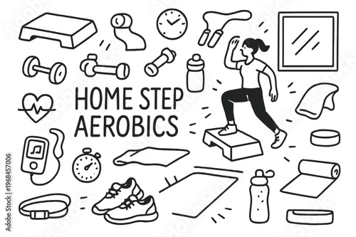 Step Aerobics Essentials. Home Step Aerobics. Hand-drawn doodle illustration Home Step Aerobics aerobic step, person exercising, dumbbells, yoga mat, water