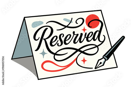 Swirling Reserved Calligraphy. Calligraphy Place Card. Swirling strokes spell ?Reserved? across a folded card, ink lines flicking like comet tails. A tiny pen