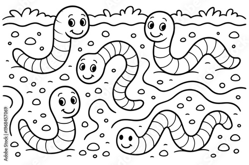 Worms Coloring Page. Worms children?s coloring book illustration, outlined drawing, a group of worms in the soil, educational design for kids, clear bold
