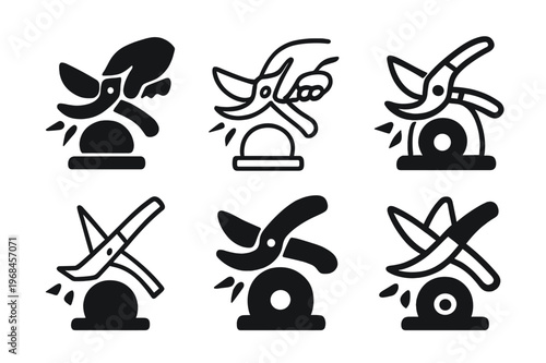 Gardening Tools Logos. Sharpening gardening tools. Icon set. Set Logo of sharpening gardening tools: sharpening wheel sparks. harmonious logo variations of the