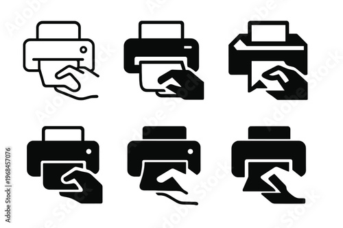 Printer Jam Icons. Fixing printer paper jam. Icon set. Set Logo of Fixing printer paper jam: print button icon. harmonious logo variations of the