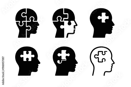 Mental Health Icons. Mental health and self-awareness. Icon set. Set Logo of Mental health and self-awareness: puzzle head assembling pieces. harmonious logo