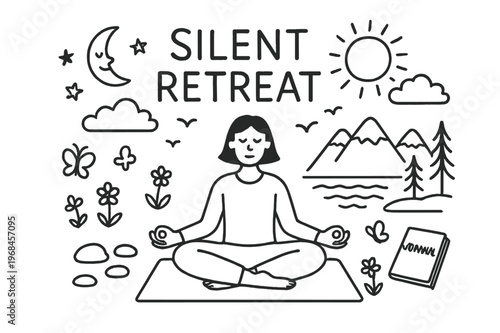 Meditative Doodle Retreat. Silent Retreat. Hand-drawn doodle illustration Silent Retreat person meditating, mountains, lake, trees, clouds, sun, moon, birds,