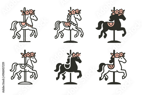 Carousel Logo Variations. May day at an amusement park. Icon set. Set Logo of May day at an amusement park: carousel horse with flower crown. harmonious logo