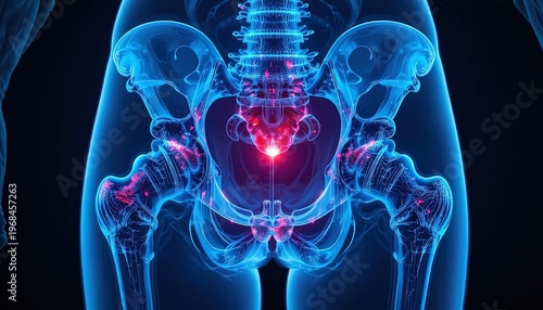 Human Pelvis Anatomy Illustration with Hip Bone, Sacrum, Coccyx and Femur Bones Highlighted in Blue and Red Glow