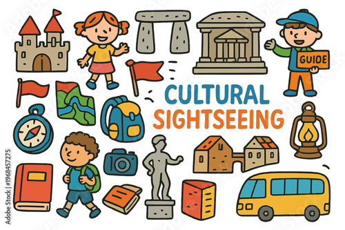 Cultural Sightseeing Adventure. cultural sightseeing. Colorful Hand-drawn doodle Children illustration cultural sightseeing castle, museum, ancient monument,