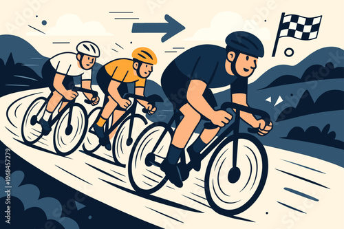 Dynamic Cycling Adventure. Running events. Cyclists speeding along a winding road, with wheels spinning rapidly and the wind rushing past. The scenic landscape