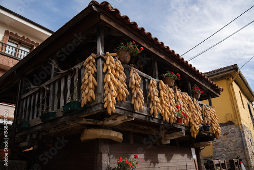 Картината върху платно Traditional wooden granary horreo with bunches of dried corn hanging on the balc
