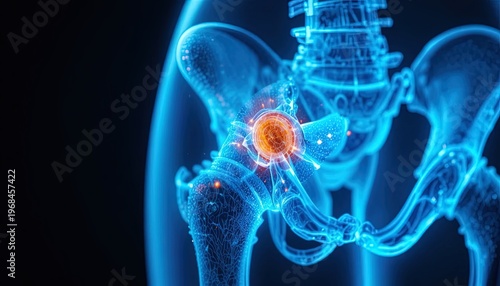 Hip Joint Pain and Inflammation: X-ray Style Illustration of Skeletal Structure with Highlighted Pain Point