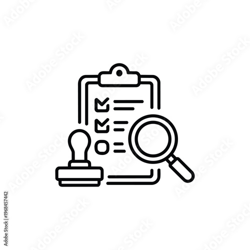 Quality control inspector profession icon black and white vector quality inspector profession with checklist magnifier and rubber stamp