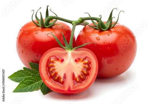 Fresh ripe tomatoes on vine with one cut in half showing seeds and pulp  healthy food and nutrition concept