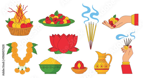 Hindu puja ceremony vector set, traditional Indian religious festival items and offerings in flat design.