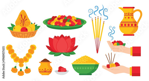 Hindu puja ceremony vector set, traditional Indian religious festival items and offerings in flat design.