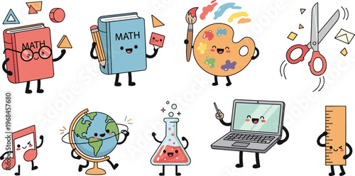 Cute school supplies character vector set featuring math book globe paint palette scissors laptop and classroom learning elements illustration
