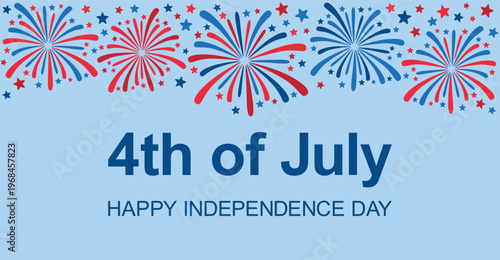 Horizontal banner with red and blue fireworks bursting in the sky. 4th of July concept with sparklers 