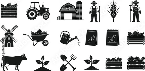 Set of black silhouette farming icons including tractor, barn, farmer, crops, tools and livestock representing agriculture, gardening and rural farm life elements
